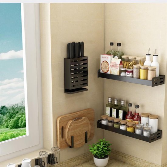 Kruidenrek / Opbergrek - RVS - Perforatievrij aan de muur gemonteerd - 50x13x6 cm - Zwart