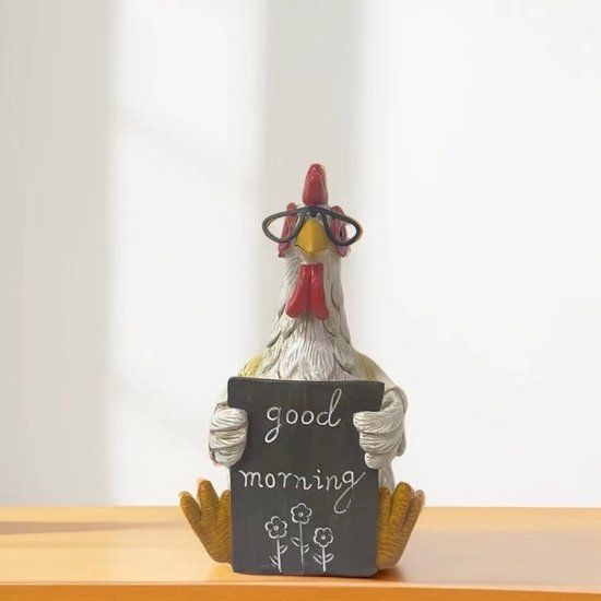 Decoratief Beeld-tuindecoratie kip-Creëer een levendige sfeer in je tuin - Duurzaam, Levendig en Veelzijdig, Haan met Bril "Good Morning" – 16,5 cm