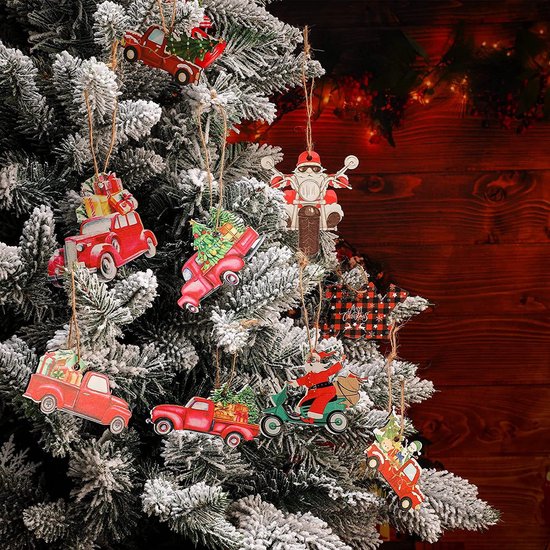 24-delige Houten Kerstdecoratieset - Nostalgische Rode Vrachtwagens met Feestelijke Details-Unieke Hangdecoratie voor Kerstboom en Cadeaus