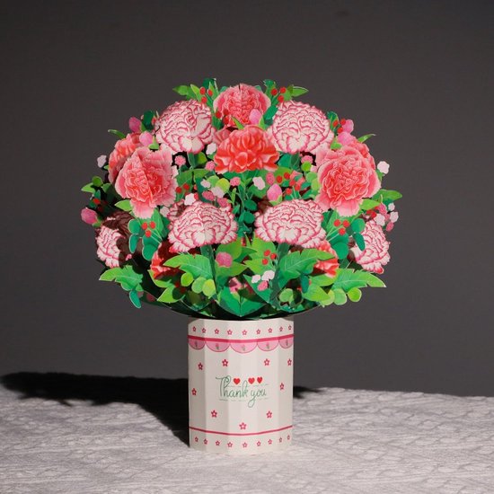 3D Pop-Up Wenskaart met Handgemaakt Anjer Bloemboeket - Ideaal voor Moederdag & Vaderdag - Duurzaam Papier - Verrassend Design - Uniek Handwerk