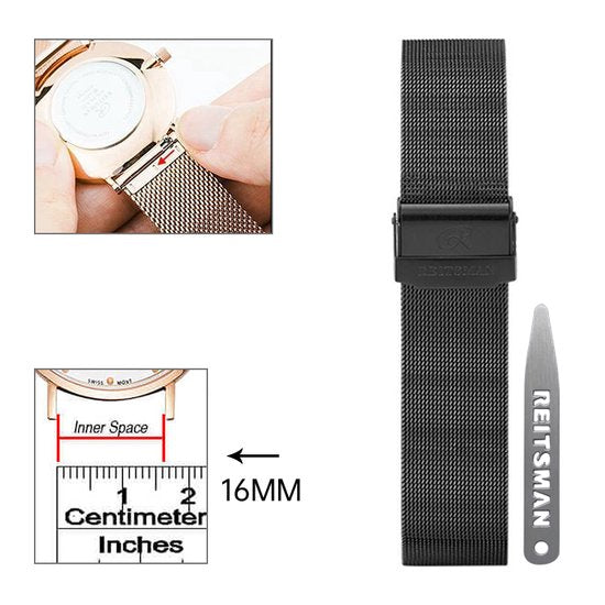 16mm Universele Elegante mesh horlogeband zwart- Quick Release - Past op Alle Merken met 16mm Aanzetmaat