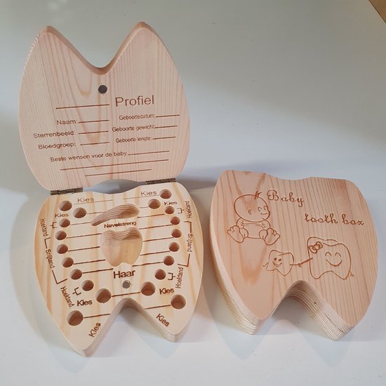 Houten Tandvormig Tandendoosje – Nederlandse Versie – Duurzaam FSC Grenenhout – 20 Genummerde Vakjes – Unisex Melktand Bewaardoos voor Jongens & Meisjes – Stevige Magneetsluiting – Persoonlijk Profiel Binnenzijde – Compact Baby Keepsake Kraamcadeau