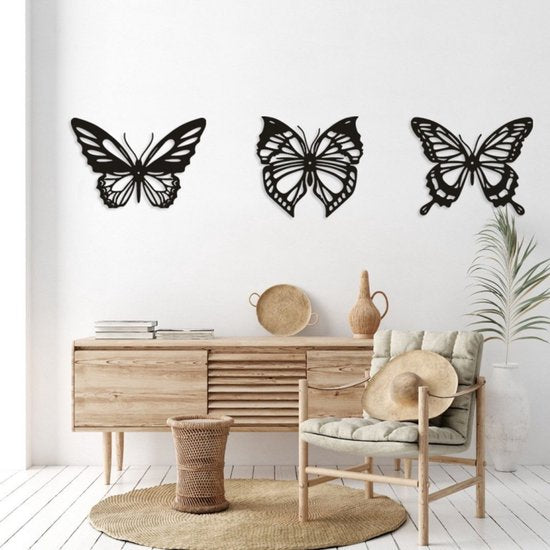 Metalen vlinder wanddecoratie 3-pack zwart 3D binnen/buiten