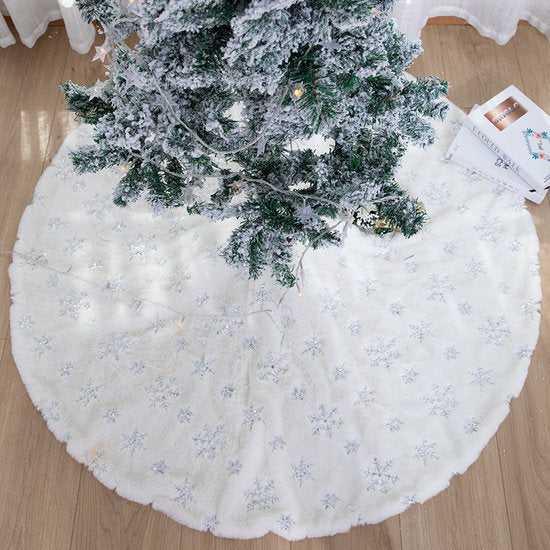 Duurzame Geborduurde Kerstboom Rok - 122cm, Wit/Zilver