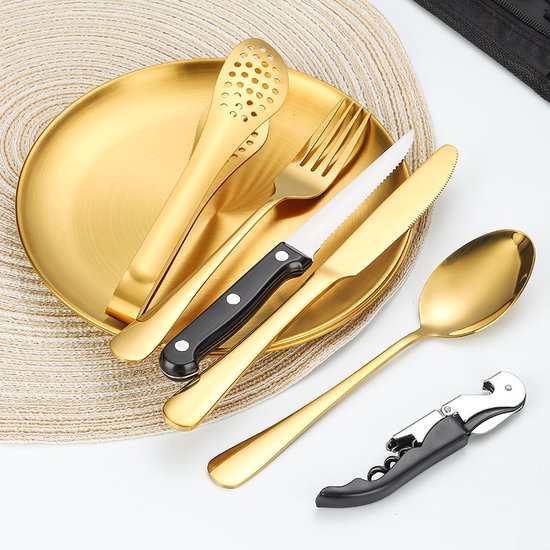 11-delige RVS bestek voor Picknick en BBQ-Geschikt voor 2personen-goud