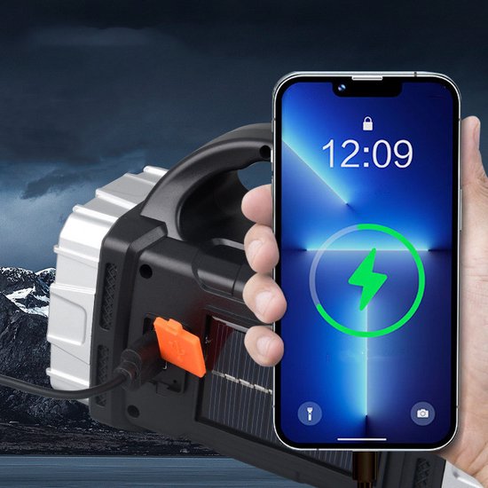 Multifunctionele LED zaklamp met Rood en Blauw Waarschuwingslicht- Perfect voor Outdoor, Kamperen, Wandelen - 1500mAh, 100m Bereik, Solar & USB Oplaadbaar-zwart/zilver