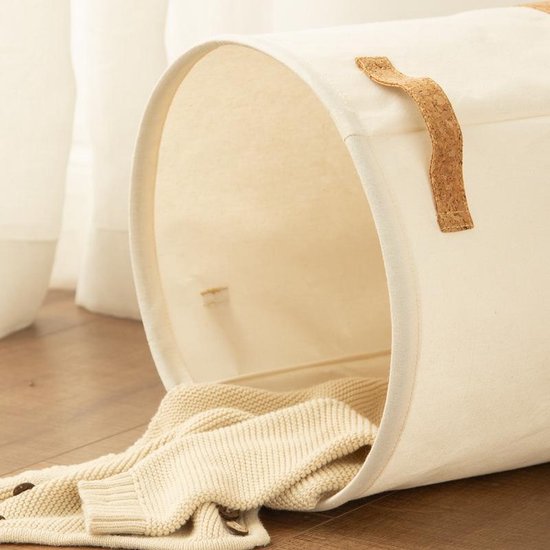 TDR - Katoenlinnen Opbergmand - Waterafstotende Binnenlaag - Speelgoedmand, Wasmand, handvaten , Opvouwbaar - 49 Liter - Wit & Kurk