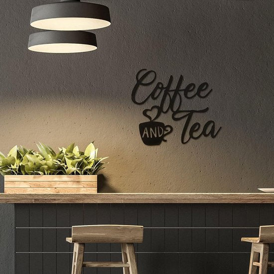 "COFFEE AND TEA" Luxe Metalen Wandbord- Artistiek Koffiekop Ontwerp wanddecoratie voor Keuken & Eetkamer - Duurzaam IJzeren Kunstwerk-zwart