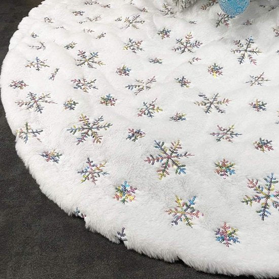 Elegante Kerstboomrok - 122 cm - Wit met Kleurrijke Sneeuwvlokken en Luxe Afwerking-Een Feestelijke Toevoeging aan Je Kerstdecoratie