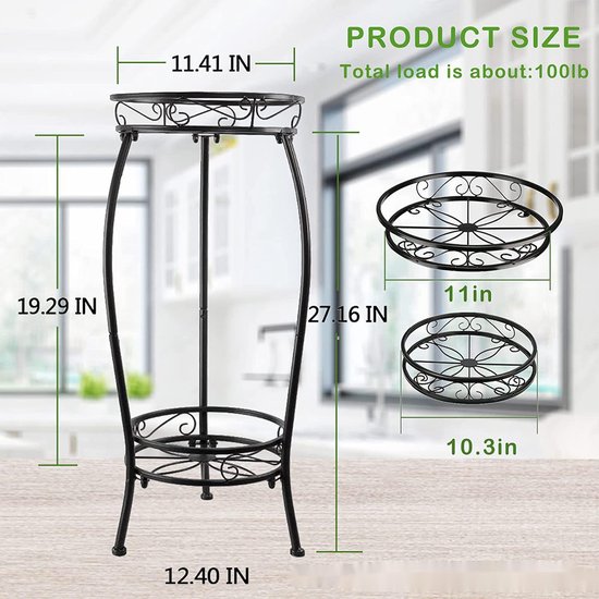 2-laagse Metalen Plantenstandaard - Zwart 30x30x68cm