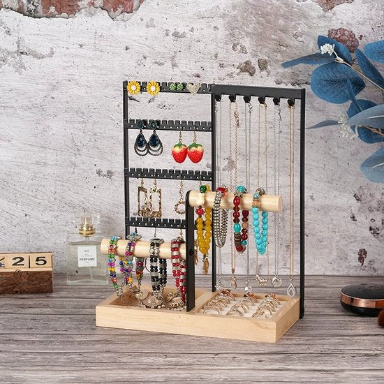 Hoogwaardig Sieradennrek met 48 Oorgaatjes, 6 Haakjes voor Ketting, 2 Armbandstandaards en een Handig Ringenvak - Stijlvolle Opbergruimte voor Elke Sieradencollectie