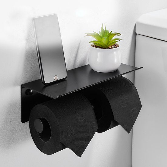 TDR-Dubbele toiletrol houder - met geïntegreerd Roestvrijstalen plankje / planchet 260 * 100 * 100 mm-zwart