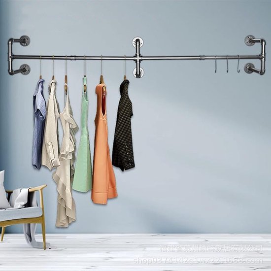 Wandgemonteerde matzwarte metalen kledingstang 180 cm 50 kg