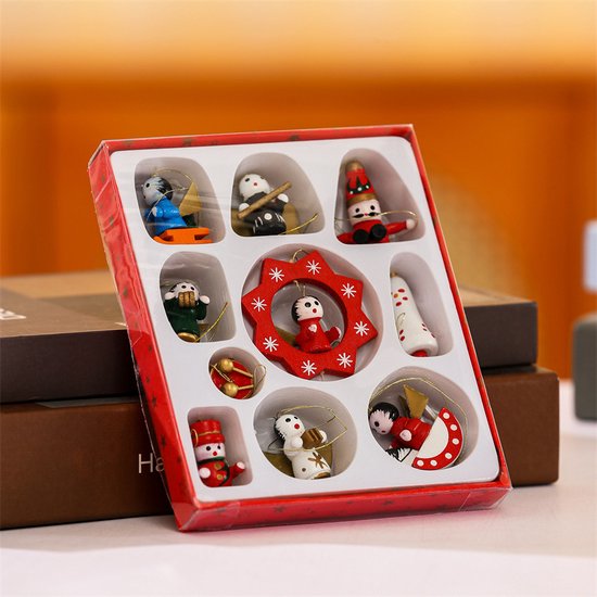 16 stuks Betoverende Houten Kersthangers – 2 Sets in Cadeaubox – Treinen & Speelse Figuren voor een Nostalgische Kerstsfeer