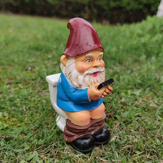 Grappige Kabouter Tuinornamenten-Kabouter op het Toilet met Mobiele Telefoon 5*7*12,5cm
