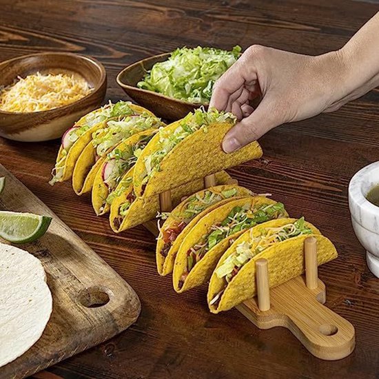 Luxe Bamboe Tacohouder met tang –Geschikt voor 8 Taco's- Voor een Stijlvolle Taco Presentatie