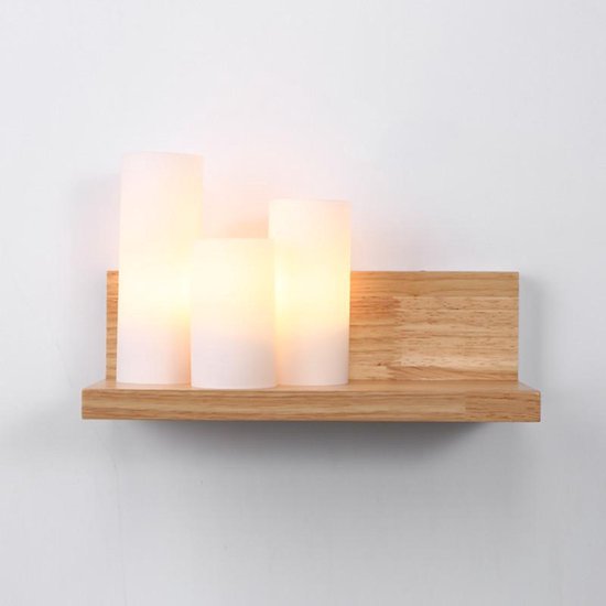 wandplank met verlichting - Wandlamp In vorm van 3 grote stompkaarsen - LED verlichting - Hout met glazen verlichting - Kaarsen aan linkerzijde