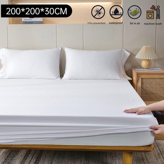 Matrashoes - Ademend & Antibacterieel - Waterdicht - Bescherm uw matras tegen vloeistoffen & allergieën-200*200 wit
