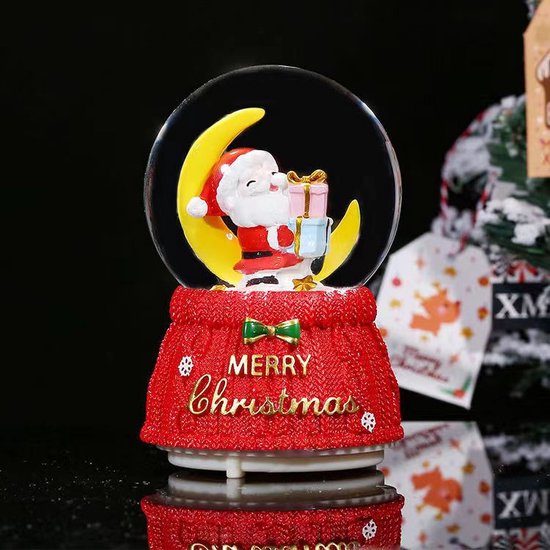 Luxe Kerst Sneeuwbol met LED-verlichting en Muziek - Kerstman op Maan - Ø10 cm, Hoogte 16,5 cm