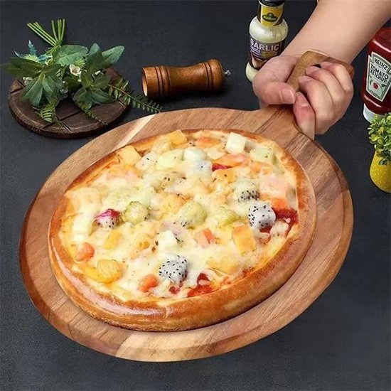 Stijlvolle Ronde Houten Pizzaplank met Handvat - Borrel- en Serveerplank - Perfect voor Hapjes - Duurzaam Hout - Multifunctioneel Gebruik-Ø30cm