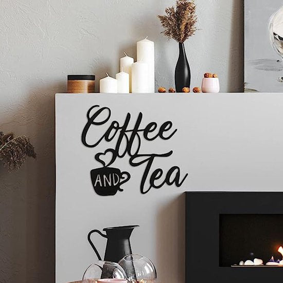 "COFFEE AND TEA" Luxe Metalen Wandbord- Artistiek Koffiekop Ontwerp wanddecoratie voor Keuken & Eetkamer - Duurzaam IJzeren Kunstwerk-zwart