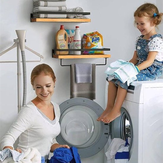 wandrek met twee lagen en handdoektang-Praktische en stijlvolle opbergruimte voor badkamer en keuken-Zwart en bruin