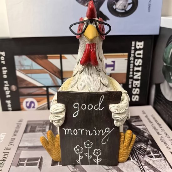 Tuindecoratie haan met bril 'Good Morning' 16,5 cm