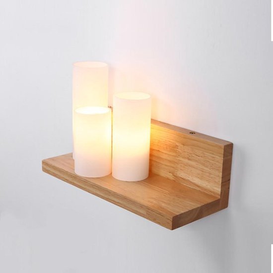 wandplank met verlichting - Wandlamp In vorm van 3 grote stompkaarsen - LED verlichting - Hout met glazen verlichting - Kaarsen aan linkerzijde