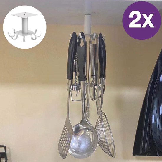 2 Stuks 360 ° Keuken opslaghaak-roterend rek met 8 haken-Multifunctioneel rek-Roestvrijstaal-Keukengereirek-Opbergsysteem-wit