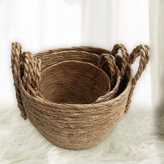 3-delige Natuurlijke Grasvezel Plantmanden Set - Stijlvolle Plantenhouders met Handgreep-Verrijk je Ruimte met Natuurlijke Elegantie - Duurzaam, Veelzijdig en Milieuvriendelijk Design-bruin