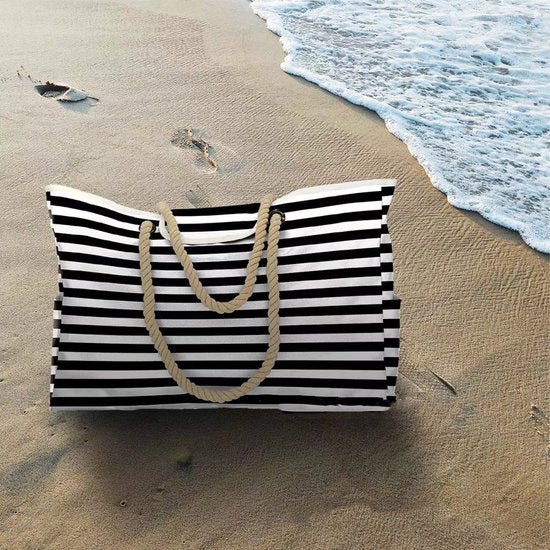 Waterbestendige strandtas zwart-wit 55x38x15cm met zakken