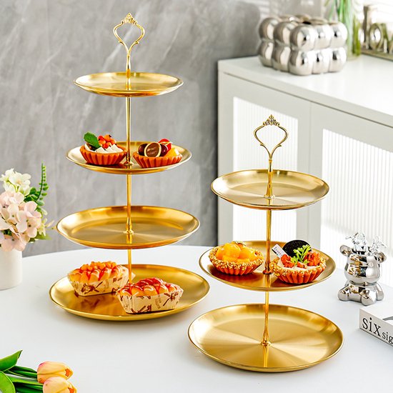 fruitschaal van roestvrij staal, goudkleurig, drielaags, 17+20+23cm
