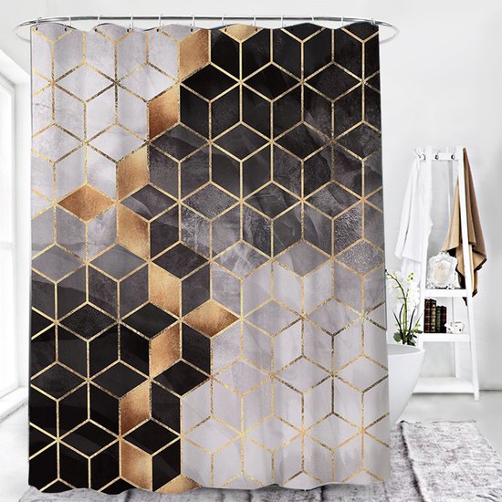 Waterdicht douchegordijn marmerpatroon 180x200CM zwart/goud