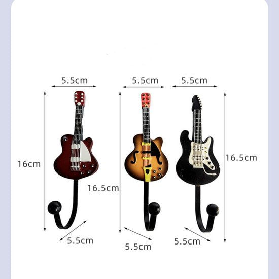 Gitaar Kapstokhaken Set – 3-pack – Metaal – Zwart – Decoratieve Wandhaken Muziek – Kapstokhaak Gitaarvorm