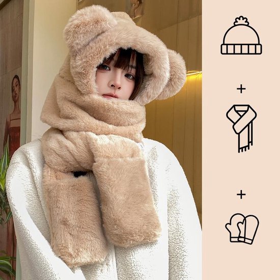 3-in-1 Warme Winterset – Pluche Muts met Schattige Oortjes, Sjaal en Wanten – Khaki