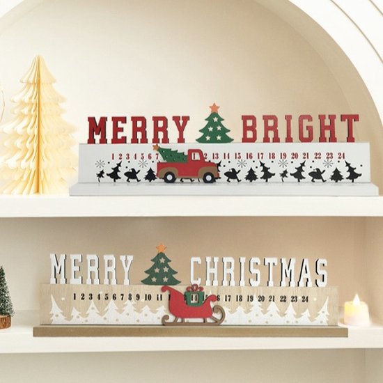 2delige Exclusieve Luxe Houten Kerst Aftelkalender – Magisch Ontwerp met Verplaatsbare Slee of Auto – Perfecte Feestdecoratie-40*5*12.5cm