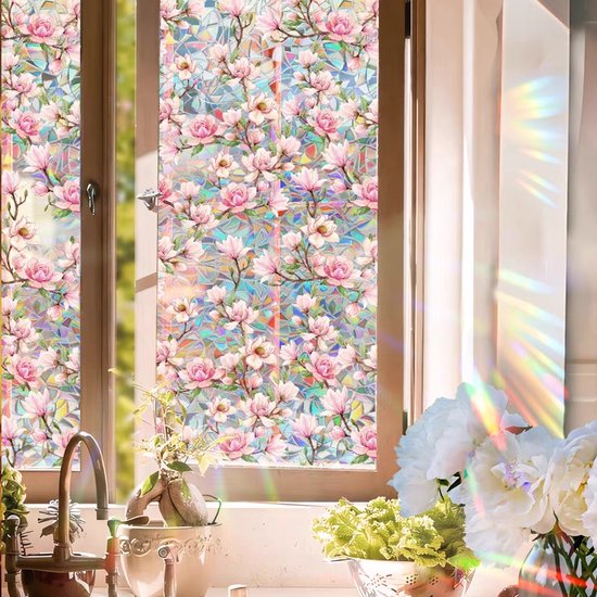 Milieuvriendelijke PVC Glasfolie - Kleurrijk Magnolia patroon - Zelfklevend - Privacy en UV Bescherming - 40x100 cm
