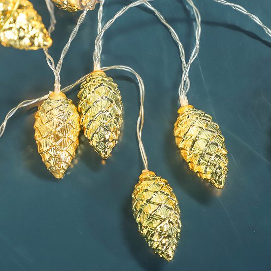 Kerstverlichting Gouden Dennenappels op Batterij – 2 Meter Lichtketting met 10 Sfeervolle Lampjes-Sfeervolle Feestdecoratie- Warm Wit Licht-goud