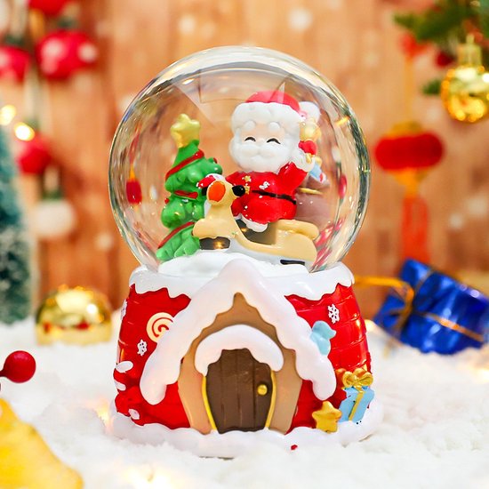 Magische Kerst Sneeuwbol met Muziek en Kleurrijke LED – Kerstman op Motor – Luxe Decoratie – Ø8 cm, Hoogte 14 cm