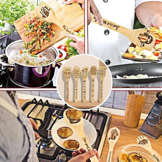 5-Delige Premium Bamboe kookgerei Set – Krasvrij & Hittebestendig- Ideale Cadeau voor Kookliefhebbende Moeders