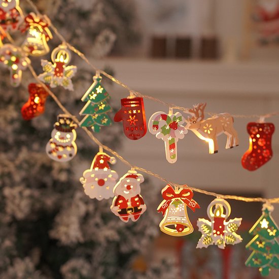 1.5M Kerst Lichtsnoer met 10 IJzeren Figuren op Batterij– Warm Wit Licht – Rendieren, Kerstbomen & Sneeuwmannen – Feestelijke IP42 Decoratie