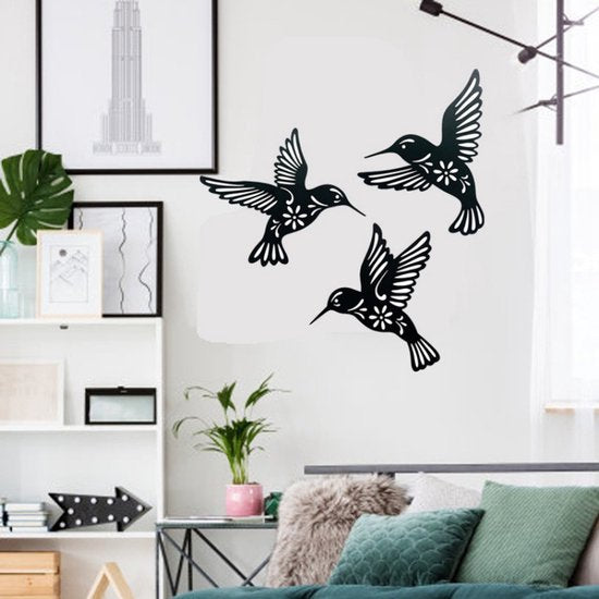 Kolibrie Wanddecoratie Metaal – Set van 3 – Zwart Smeedijzer