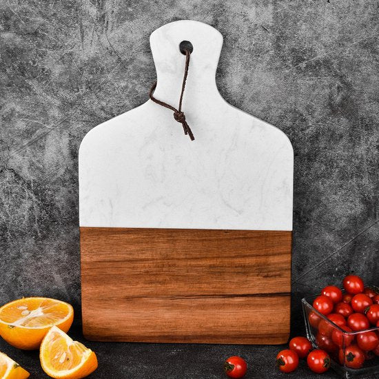 Luxe Snij- & Serveerplank van Marmer en Acaciahout- Borrelplank - wit 33*21.6cm