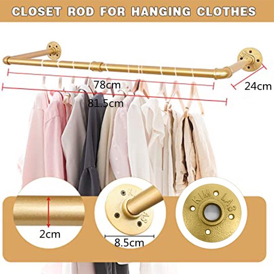 Industriële Buis Kledingrekken - Metalen Kledingrekken -Draagvermogen tot 30 kg - Robuust & Stijlvol voor Thuis en Winkel-78x24x81.5 cm-goud