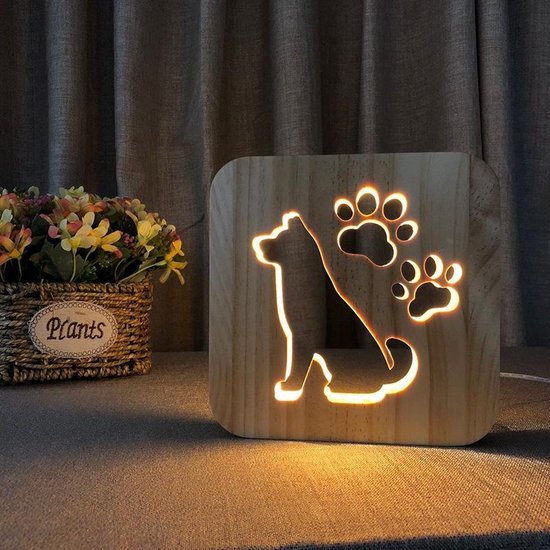 Unikorf Houten LED tafellamp 19cm hondfiguur touch control