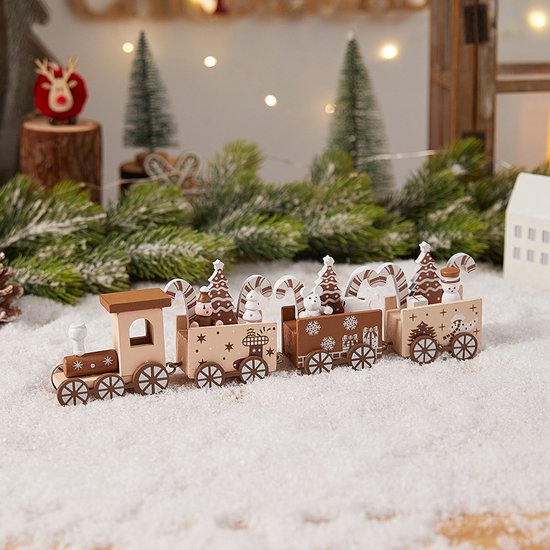Luxe Houten Kersttrein - Kerstdecoratie - Kerstbomen, Cadeautjes en Snoepstokken - Nostalgische Feestsfeer- Bruin/Wit
