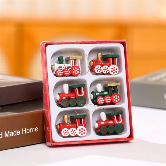 6 delige Houten kersthangers in de Vorm van Treinen – Kerstdecoratie in Cadeaubox