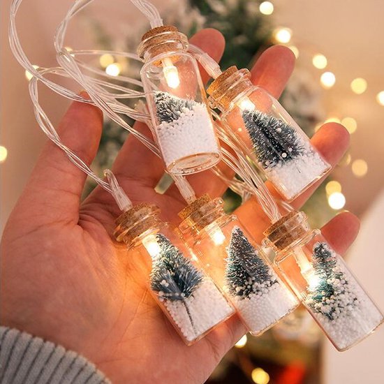 Kerst Wensfles Lichtslinger op Batterij - 2 Meter LED Sfeerverlichting met 10 Glazen Flesjes, Mini Kerstbomen en Sneeuweffect - Warm Wit Licht