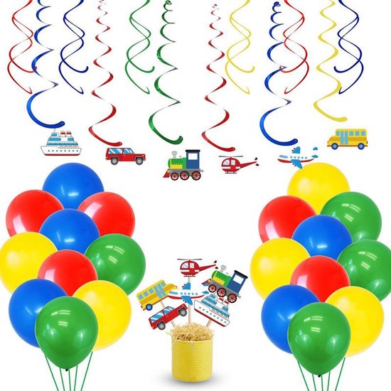 45 delig verjaardagset - Thema: Vervoer (Boot, Helikopter, Bus, Trein, Vliegtuig,  Auto) - Versiering voor feestjes, verjaardag