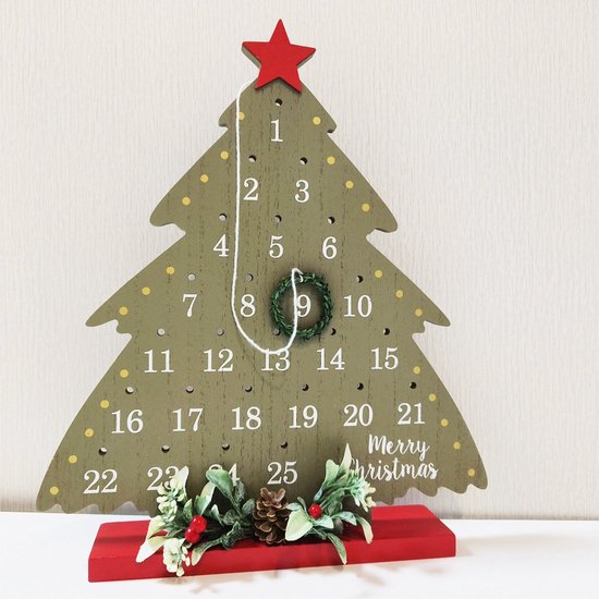Houten Kerstboom Adventskalender - Aftelkalender met Krans en Decoratie - Sfeervolle Kerstdecoratie- 25x29,5 cm